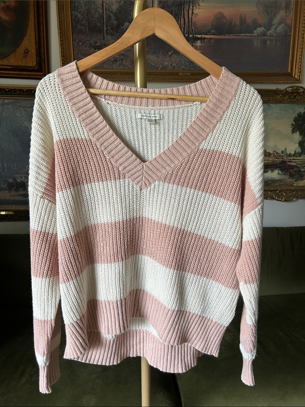 American Eagle Outfitters Striped V-Neck Sweater - Blush & Cream